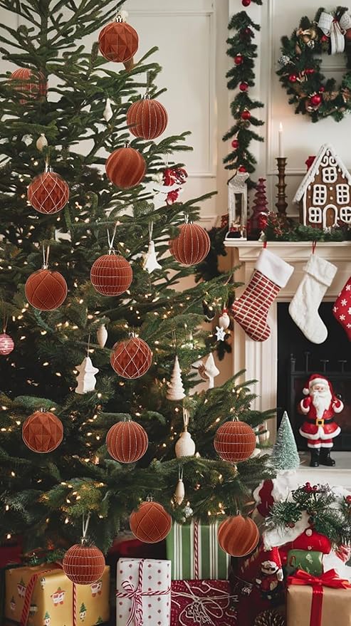 Hollyone Brown Velvet Christmas Ornaments Set for Christmas Tree 3.2inch Xmas Ball Ornaments 9Pcs Flocked Balls Xmas Hanging Ornament Decorations Set Shatterproof for Holiday Party Wreath Home Decor
