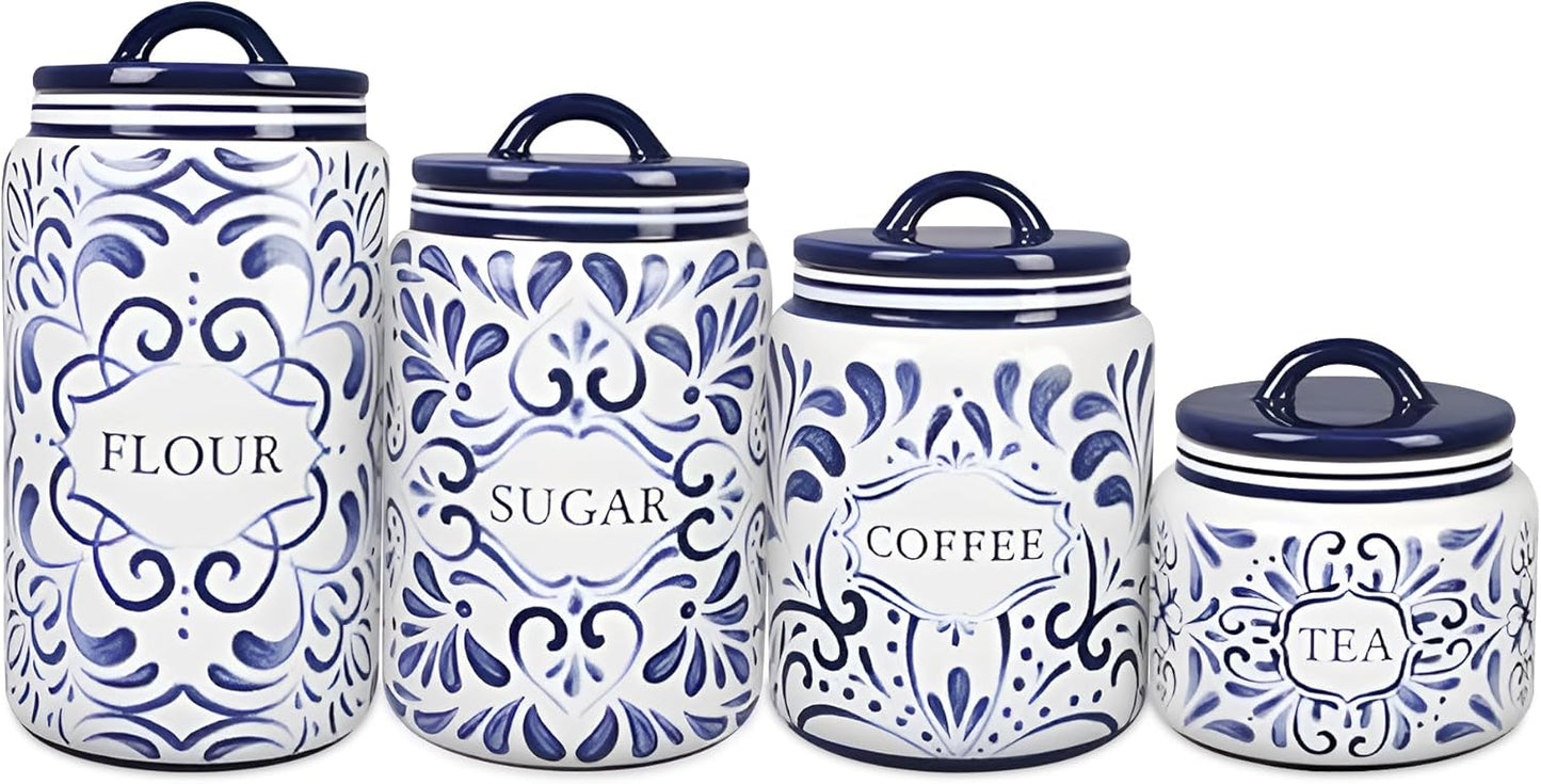 Young's Inc. 4 Pcs Set Talavera Ceramic Canisters- Storage Container for Kitchen and Bathroom - Beautiful Home Decor Accent to Store Food, Coffee, Tea, and More - White, Blue
