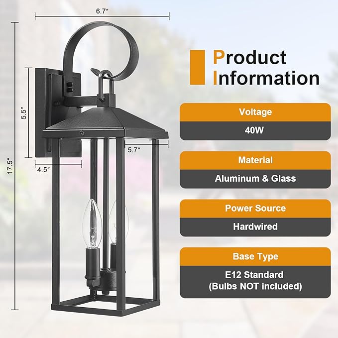 Porch Lights Outdoor Wall Light Fixtures Wall Mount, Modern Exterior Lighting Fixtures with Clear Glass Waterproof, 2-Light E12 Sockets Outside Garage Lights for House Patio Porch, 2 Pack