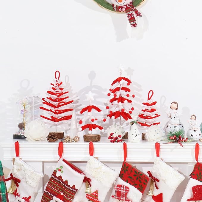 Super Holiday 4PCS Small Christmas Tree, Artificial Mini Tabletop Tree Christmas Decorations, for Wedding Holiday Indoor Xmas Party Decor, Red, White