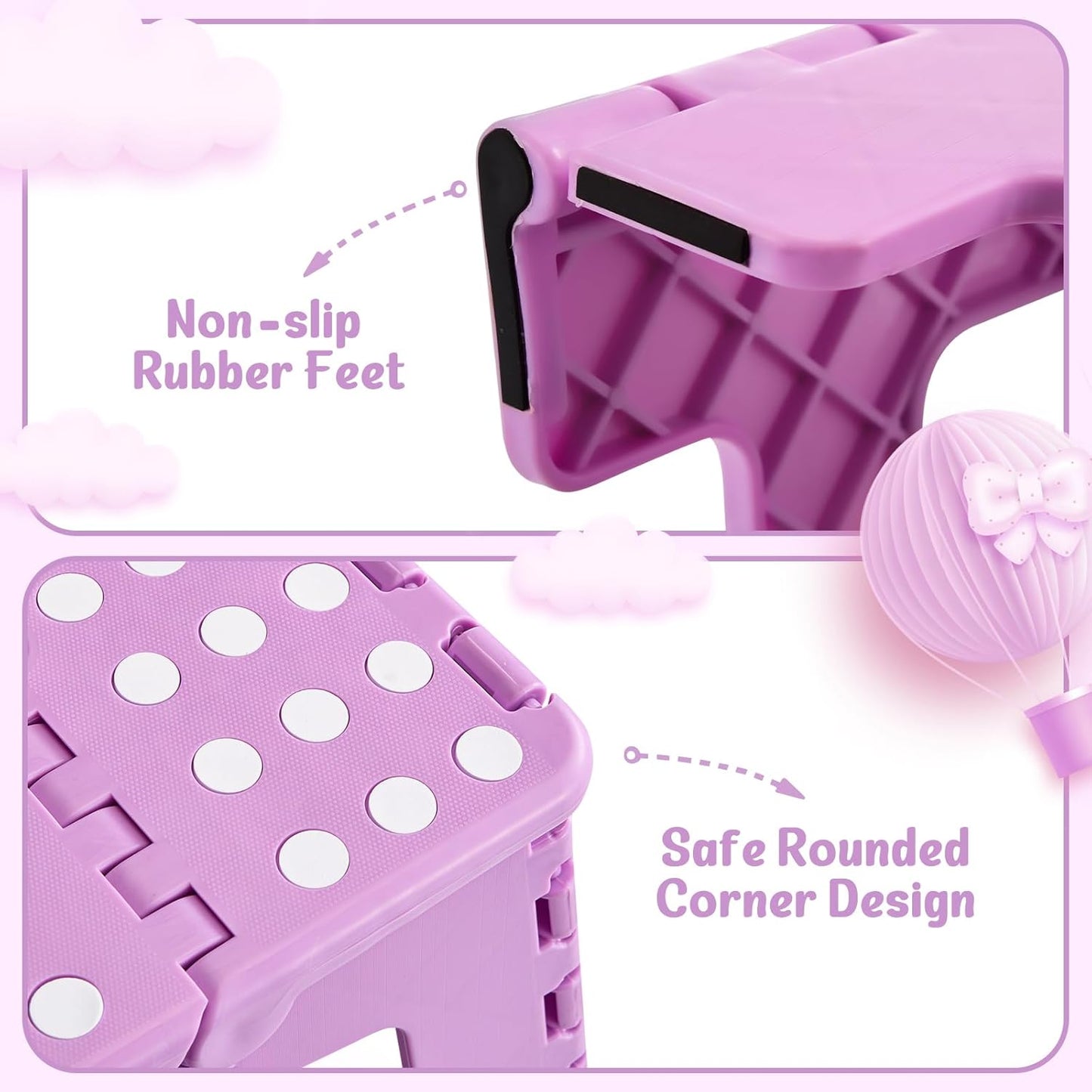 ACSTEP 9 Inch Folding Step Stool 300 LB Capacity Plastic Foldable Step Stools for Kids and Adults, Folding Stool Suitable for Kitchen, Stepping Stool with Handle Light Purple Small Step Stool 1PC