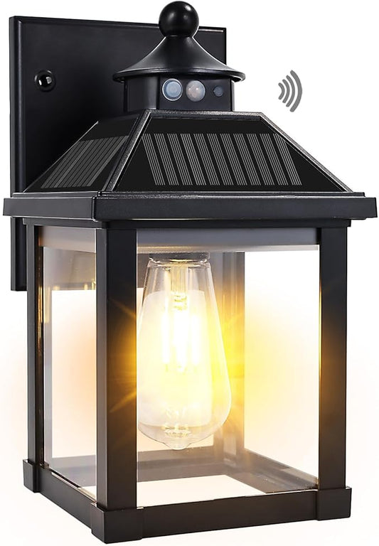 Solar Wall Lights Outdoor: Solar Porch Sconce Light Dusk to Dawn Waterproof Lantern Fixture with 3 Lighting Modes & Motion Sensor - for Front Door Garage Porch Yard Fence