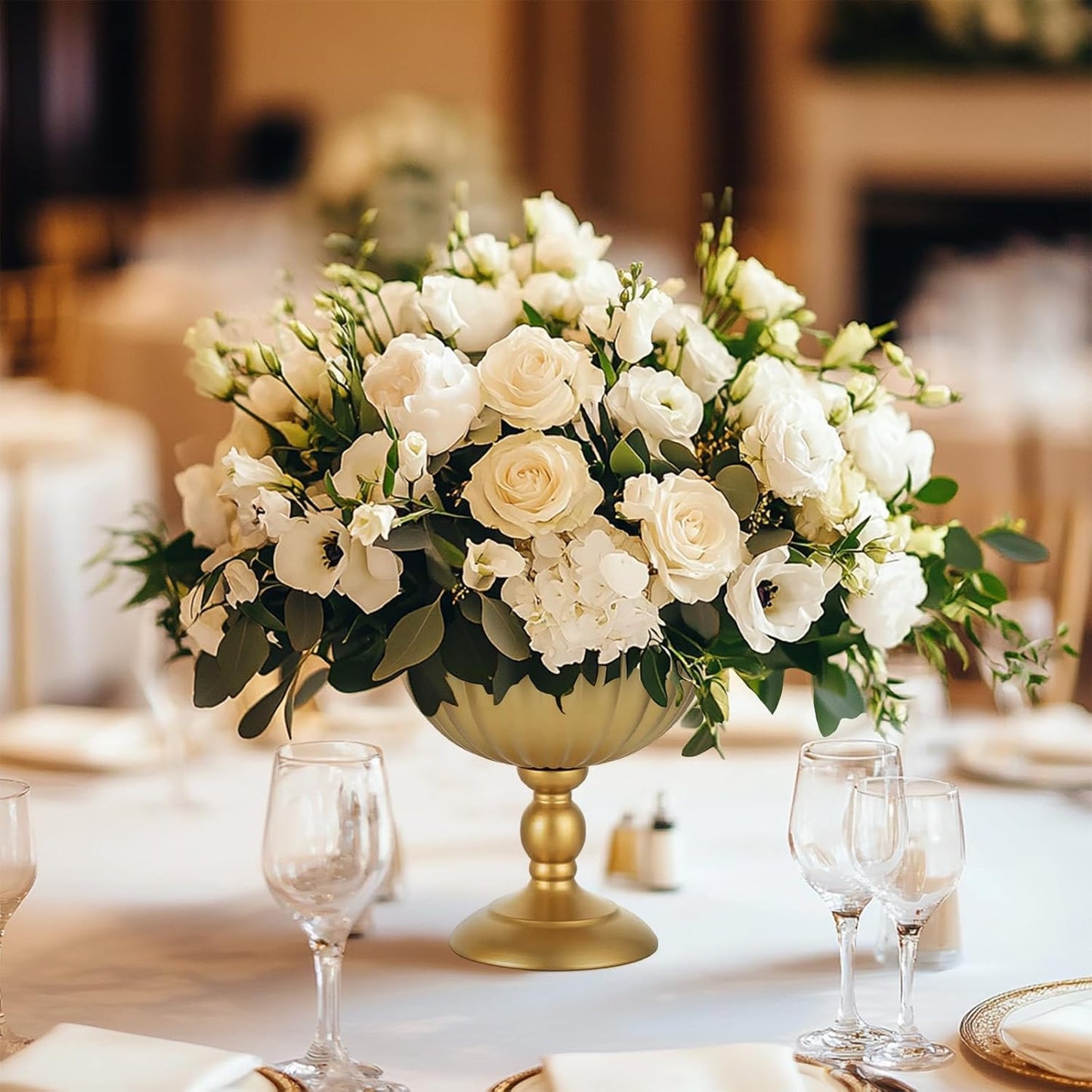 Sziqiqi Gold Urn Vase for Wedding: 7.9in Tall Vases Centrepieces for Table Decorations - Set of 2 Metal Flower Urn Vase for Floral Arrangement - Compote Bowl Vases for Birthday Party Anniversary