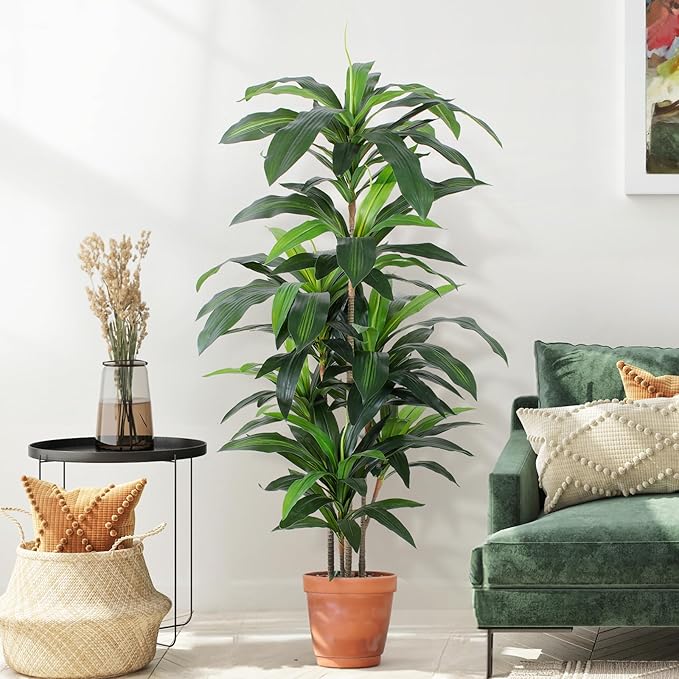 5 FT Dracaena Tree Artificial, Fake Tree with Plastic Pot, Faux Tropical Yucca Floor Plant Lifelike Foliage and Branches, Artificial Plants Indoor for Home Office Living Room Decor Indoor