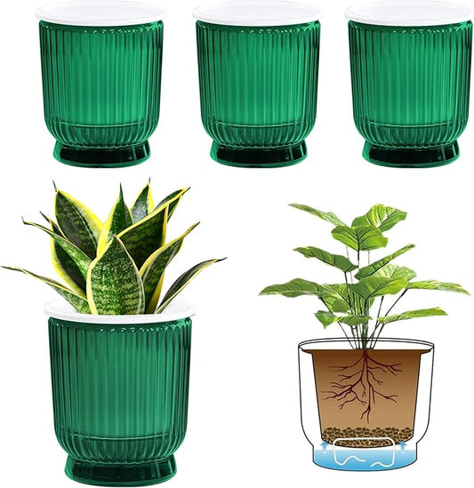 T4U 4.8 Inch Self Watering Plant Pot, 4 Pack Self Watering Pots, Self Watering Planter with Reservoir, Small Self Watering Pots for Indoor Plants, African Violets (4 Pack, 4.8", Translucent Green)