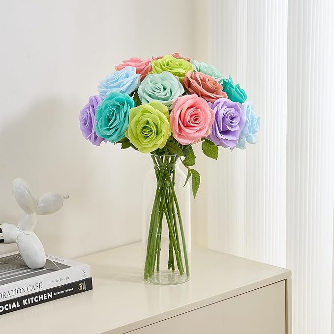 15pcs Fake Roses Lavender Artificial Silk Flowers Faux Rose Flower Long Stems Bouquet for Arrangement Wedding Centerpiece Party Home Kitchen Decor