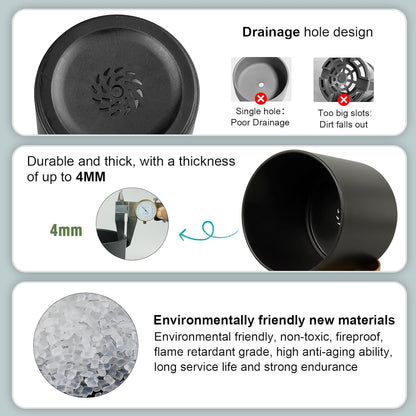 5 Pack Cylindrical Flower Pots with 7/6.5/6/5/4 inch, Modern Small Plastic Plant Pots with Drainage Holes & Saucers, Round Planter Pots for Outdoor, Indoor & Office Decor (Black Brown)