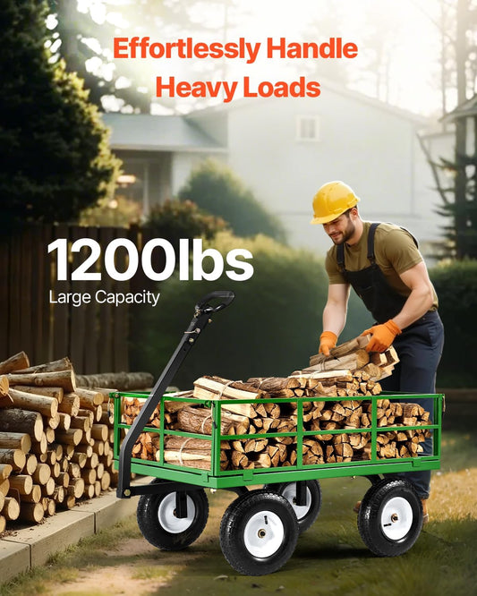 VEVOR 1200 Lbs Steel Garden Cart, Heavy Duty Pullable Garden Wagon Yard Cart, 2 in 1 Outdoor Metal Utility Wagon Yard Trailer with 13" All Terrain Tires, Mesh Removable Sides and 180°Rotating Handle
