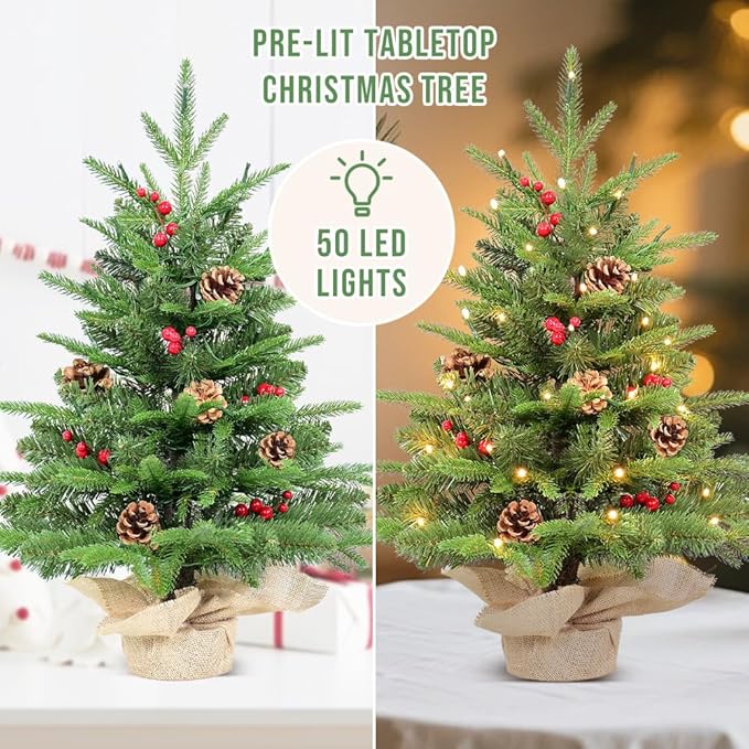 Kadunmina 2ft Pre-lit Table Top Christmas Tree, Small Artificial Xmas Tree with 50 LED Lights/177 PE&PVC Tips/Berries&Pinecones, 24 Inch Mini Tree with Burlap Base for Holiday Indoor Decor, 8 Modes