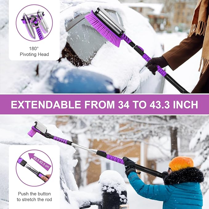 Yougfin 3 in 1 Snow Brush with Ice Scraper for Car Windshield Extendable, SUV Snow Removal with Squeegee Heavy Duty, 180° Rotating Head Car Window Cleaner for Winter 43 inch