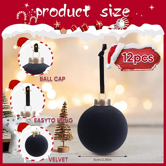 12 Pcs Velvet Christmas Balls Bulk Shatterproof Plastic Christmas Tree Decorations for Decorative Hanging Baubles (12, Black, 2.36Inch)