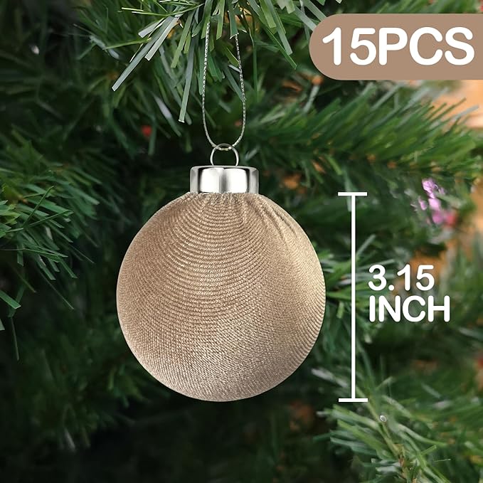 Brown Velvet Christmas Ornaments for Tree 15 PCS, Big Neutral Flocked Christmas Balls Ornaments Set 3.15 Inch, Shatterproof Earth Tone Xmas Hanging Decor for Holiday (Light Brown)
