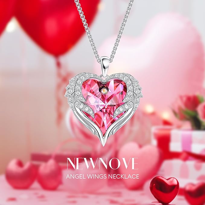 NEWNOVE Preserved Real Pink Rose with Angel Wings Necklace -Forever Flowers Gifts for Women Wife Girlfriend Mom and Grandma, Anniversary Birthday Gifts for Women