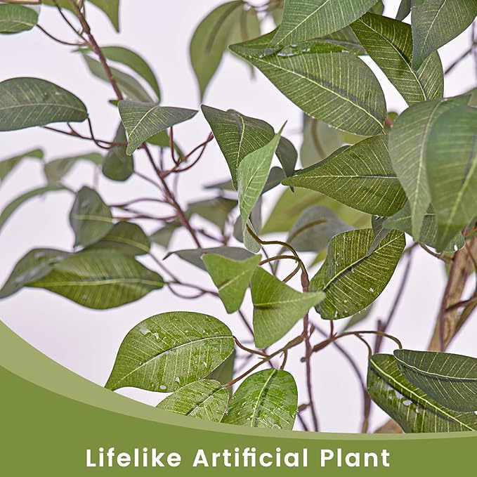 Artificial Fake Ficus Tree 8FT Tall 1Pack with White Planter & Free Moss, Artificial Plants Indoor, Artificial Trees for Home Decor Indoor, Faux Ficus Tree