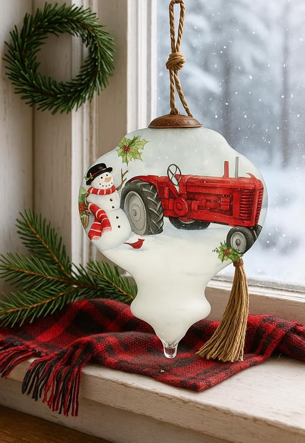 Red Tractor Christmas Ornament with Snowman – Hand-Painted Glass Farmhouse Holiday Ornament – Vintage Tractor Christmas Decor – Country Christmas Tree Ornament