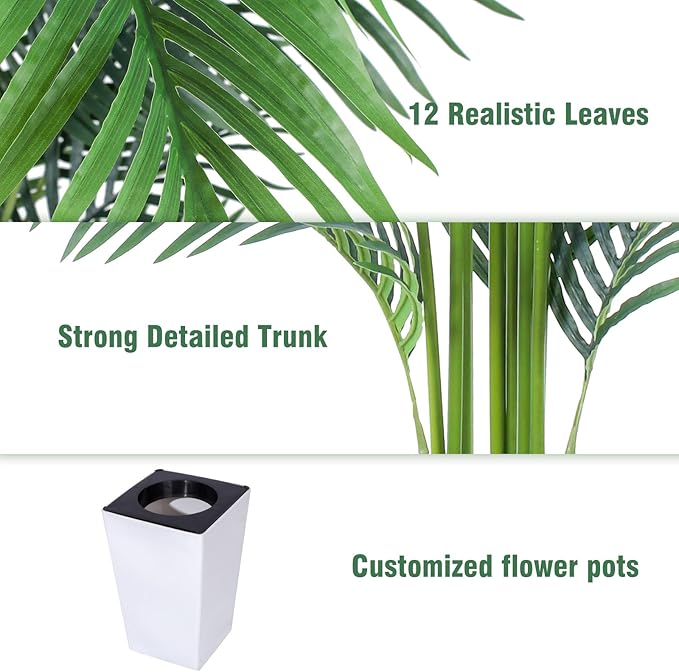 Artificial Palm Tree with White Tall Planter, 5ft Tall Potted Artificial Silk Palm Tree Plant, Fake Tropical Plant, Home Office Floor Room Decor Plants Indoor Outdoor, Housewarming Gift