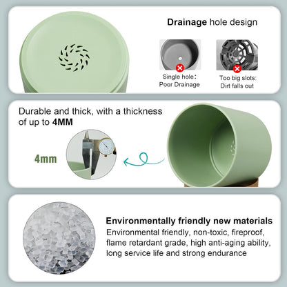 5 Pack Cylindrical Flower Pots with 7/6.5/6/5/4 inch, Modern Small Plastic Plant Pots with Drainage Holes & Saucers, Round Planter Pots for Outdoor, Indoor & Office Decor (Green Brown)