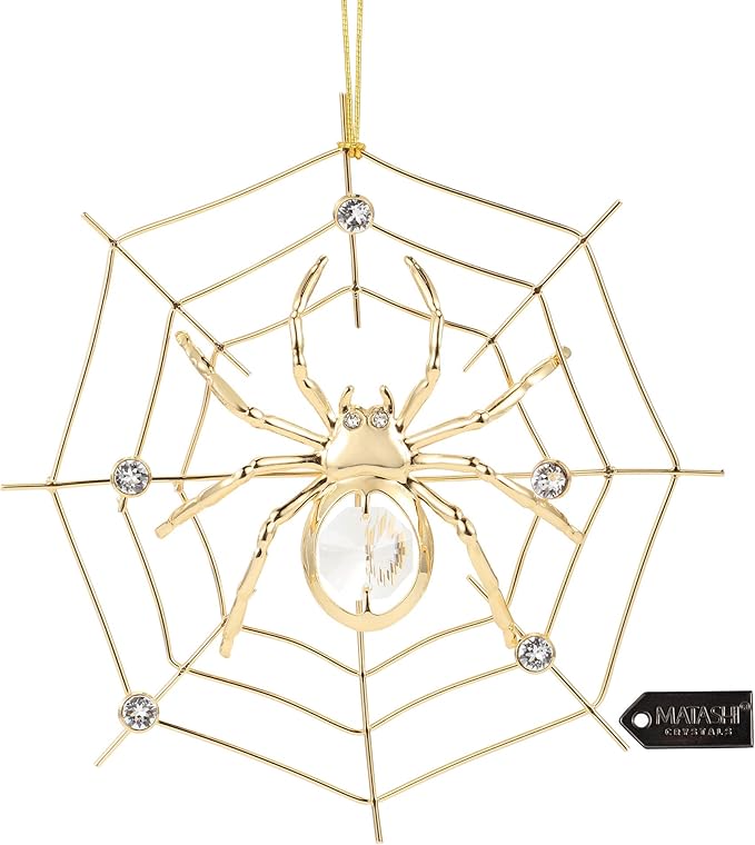 Matashi 24K Gold Plated Crystal Studded Lucky Spider Hanging Ornaments for Christmas Tree Spider Miracle Traditions, Decor - with Story of The Tradition of Tinsel Legend Spider on Web Ornament