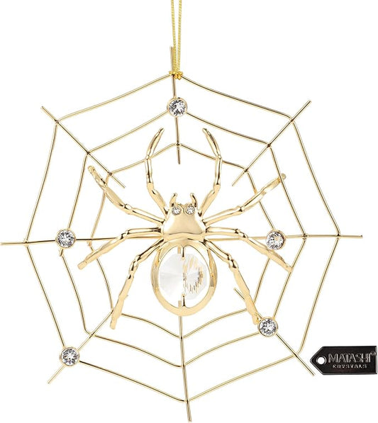Matashi 24K Gold Plated Crystal Studded Lucky Spider Hanging Ornaments for Christmas Tree Spider Miracle Traditions, Decor - with Story of The Tradition of Tinsel Legend Spider on Web Ornament