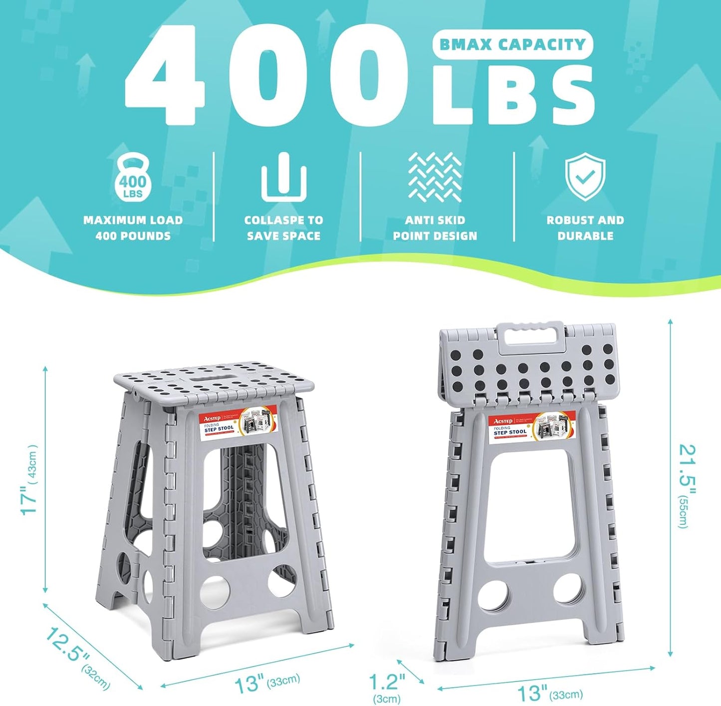 ACSTEP Folding Step Stool 17.5 Inch Heavy Duty Step Stool Foldable for Adults and Kids, Collapsible Stepping Stool with Handle, Non Slip Folding Stools for Kitchen Hold Up to 400lbs (Grey 1PC)