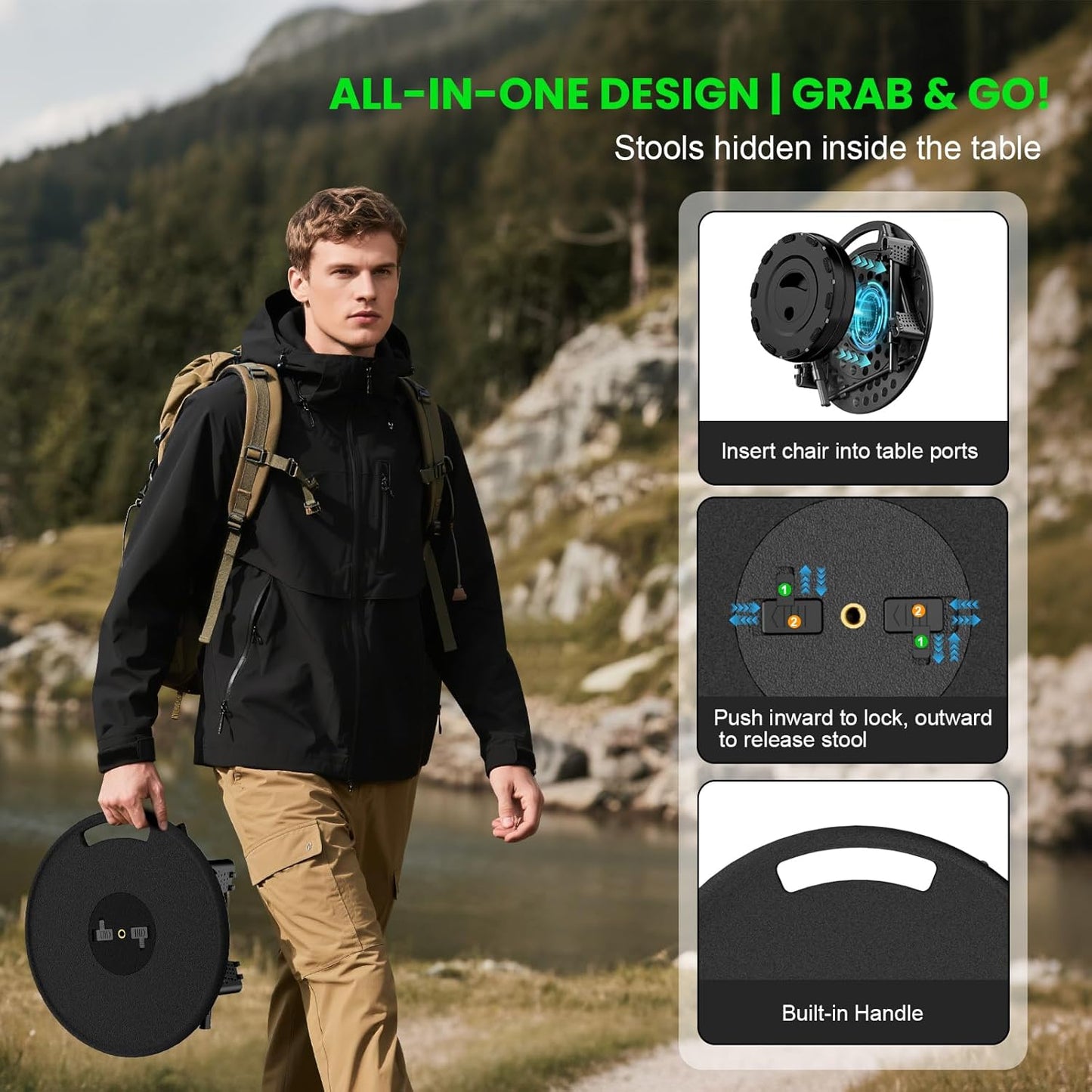 LED Camping Table Set with Stools, 300lbs Capacity Adjustable Height Folding Table & Chairs, All-in-One Compact Design for Outdoor, Camping, Picnic, Tailgating