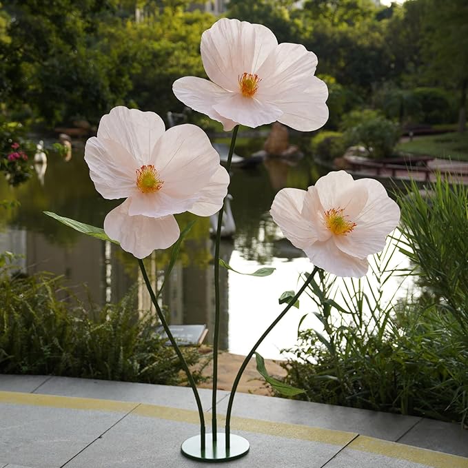 Large Paper Artificial Flowers,Giant Flowers for Decoration,Huge Handcrafted Poppy Fake Flowers with Stand for Home Decor Bridal Shower Party Outdoors Yard Event Backdrop Decor (Champagne)
