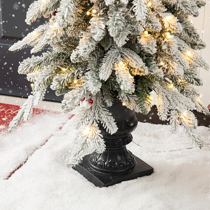 Glitzhome Set of 2 4ft Christmas Tree, Small Christmas Tree Flocked Fir Potted Tree Prelit Artificial Christmas Tree for Entrance with 100 Warm White Lights, 313 PE&PVC Branch Tips and Red Berries