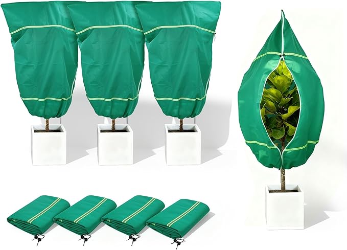 IC ICLOVER Plant Covers Freeze Protection for Winter, 4 Pack 32"x47" Frost Blankets for Outdoor Plants with Zipper Drawstring, Plant Freeze Protection Tree Cover Bags Cloth for Shrub Bush Fruit Potted