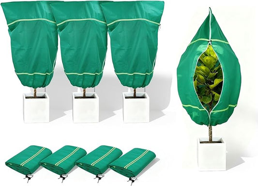 IC ICLOVER Plant Covers Freeze Protection for Winter, 4 Pack 32"x47" Frost Blankets for Outdoor Plants with Zipper Drawstring, Plant Freeze Protection Tree Cover Bags Cloth for Shrub Bush Fruit Potted