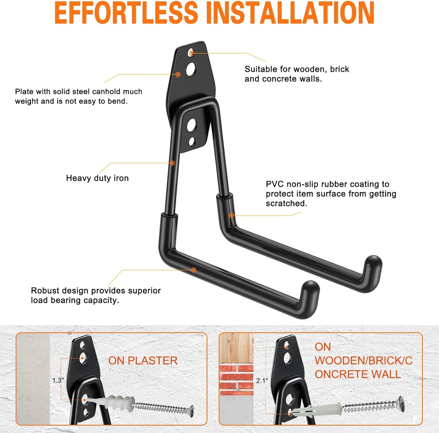 Heavy Duty Garage Hooks 8 Pack, 7.7 inch U Shaped Long Hanger, Wall Mounted Storage System, Power and Garden Tool Organizer, for Hanging Ladders, Bikes, Hose, Bulk Items and More