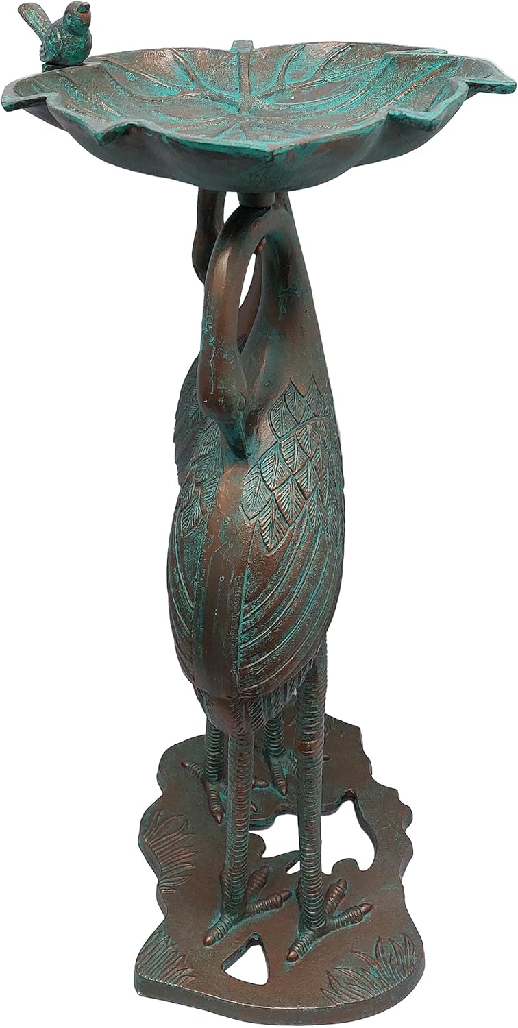 Oakland Living Cast Aluminum 30-in Twin Crane Copper Patina Bird Bath with Leaf Bowl