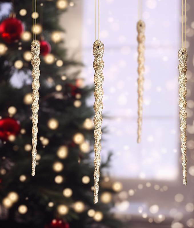 AMS Sparkling Glitter Plastic Icicle Ornaments 30 PCS Twisted Icicles Decoration Christmas Tree and Holiday Xmas Party Hanging (5.1'', Champagne)