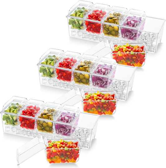 Lifewit 3 Pack Ice Chilled Condiment Caddy with 5 Containers(2.5 cup), Condiment Server with Separate Lids, Serving Tray Platter for Bar Accessories, Fruit, Salad, Taco, Party Garnish