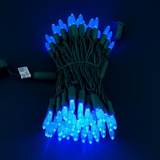 100 Blue Faceted One-Piece LED Christmas Lights, 33 ft Green Cord High Waterproof UL Certified M6 Outdoor String Lights (Blue)