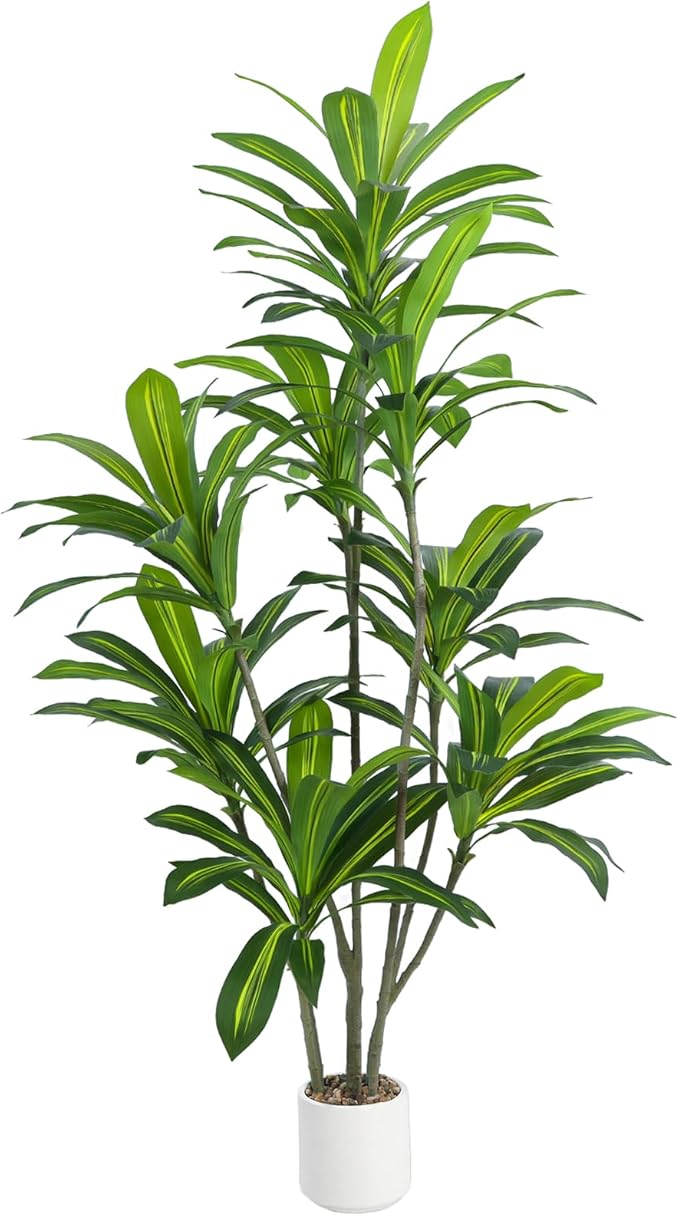 6FT Artificial Dracaena Tree, Faux Dracaena Plant with Stones in White Round Planter, Tall Fake Floor Plant for Indoor Home Office Living Room Decor
