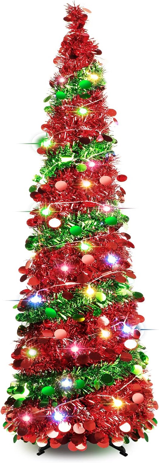 5 FT Collapsible Sequin Pop Up Christmas Tree with 90 LED Lights, Skinny Pencil Tinsel Xmas Tree with Stand for Apartments