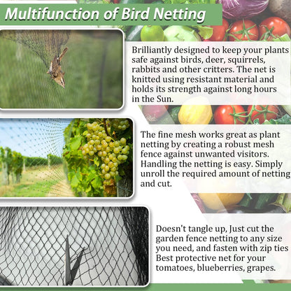 Bird Netting，15 x 30 FT Garden Netting Bird Net for Chicken Coop, Poultry Netting Fence for Fruit Trees, Plants and Vegetables Against Birds, Deer, Squirrels and Other Animals