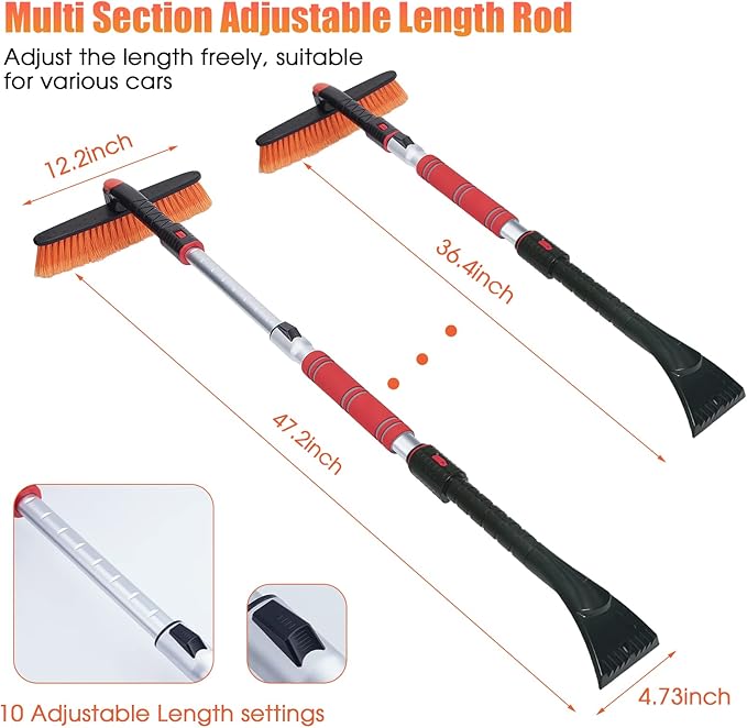 FOVAL 47.2" Extendable Snow Brush and Wider Ice Scraper (4.73" Width) with 360° Pivoting Brush Head, Snow Removal Tool Car Brush with Comfortable Foam Grip for Car Windshield, Trucks, SUVs
