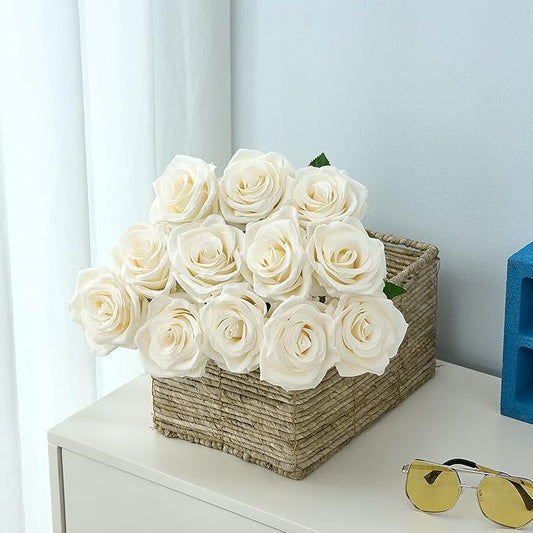 15pcs Ivory Roses Artificial Flowers Silk Fake Flowers Realistic White Roses Bouquet Long Stem for Wedding Home Party Birthday Decoration