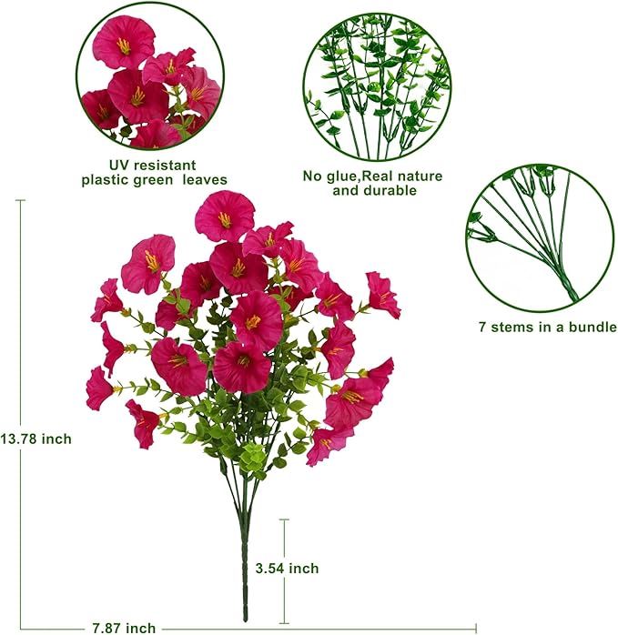 10 Bundles Artificial Flowers for Outdoor,UV Resistant Fake Petunia Flowers,Faux Plants for Outside Hanging Planters,Artificial Plants for Indoor Porch Garden Home Wedding Decor(Fuchsia)