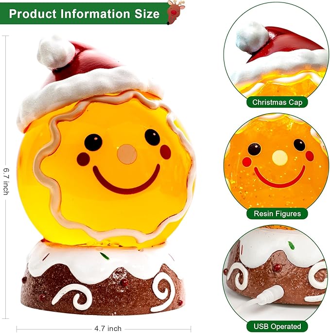 Christmas Music Snowglobe Water Lantern Gingerbread Man Smiling Wind Lantern with Christmas Hat Decoration Table Centerpiece Used for Home PartyDecoration, USB Wired Festival Gift