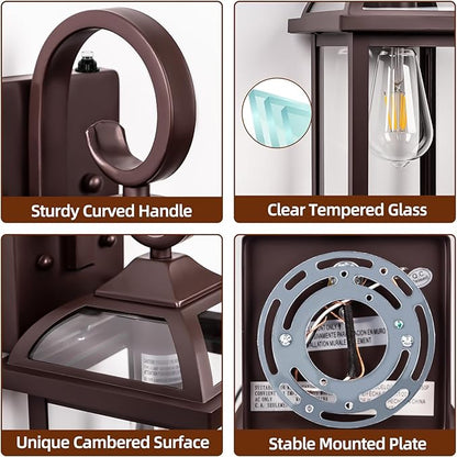 Dusk to Dawn Outdoor Lighting Oil Rubbed Bronze 2-Pack, 15 Inch Aluminum Anti-Rust Front Porch Lights with IP65 Clear Tempered Glass Exterior Light Fixtures for House Brown Carriage Lights