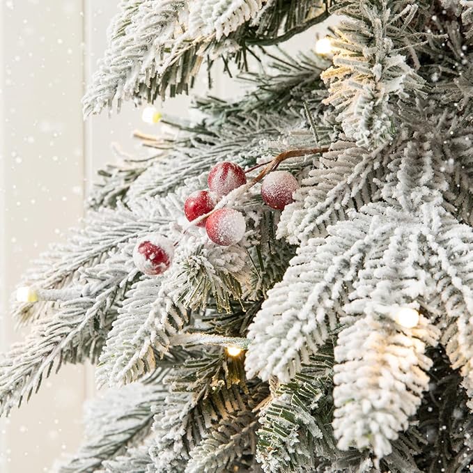 Glitzhome Set of 2 4ft Christmas Tree, Small Christmas Tree Flocked Fir Potted Tree Prelit Artificial Christmas Tree for Entrance with 100 Warm White Lights, 313 PE&PVC Branch Tips and Red Berries