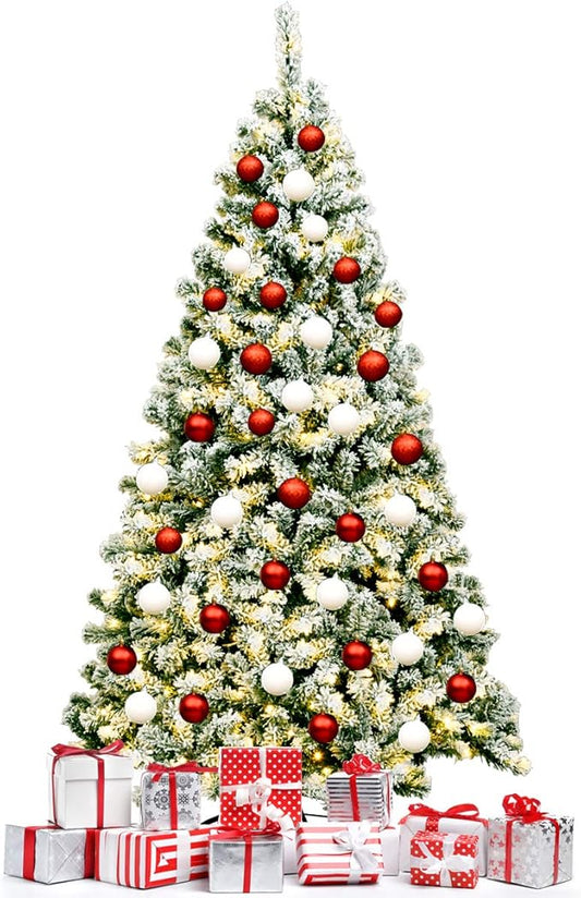 Happygrill 6FT Pre-lit Artificial Hinged Christmas Pine Tree Snow Flocked Christmas Tree with Solid Metal Stand Flexible Branches Traditional Festival Decoration Tree