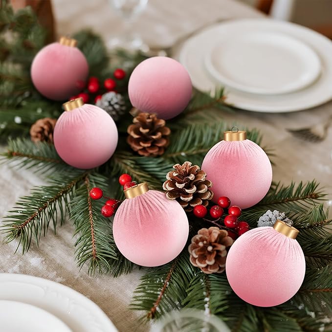 9 Pcs Pink Christmas Tree Ornaments Set, 80mm/3.15in Large Velvet Christmas Balls for Xmas Tree Decorations Shatterproof Hanging Flocked Balls Ornaments Baby Pink