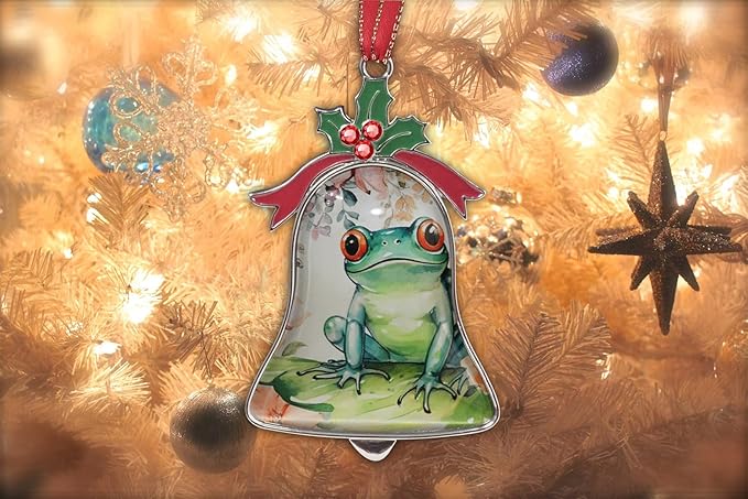 Christmas Ornament Bell Pendant Decorative Metal Glass Hanging Christmas Bell Ornaments for Home Decoration Party Decor (Cute Frog Flower)