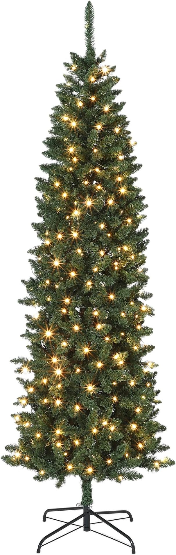 6 Ft Prelit Artificial PVC Pencil Christmas Tree, Christmas Tree with 250 Warm White LEDs - Slim Two-Tone Design,Hinged Slim Artificial Xmas Tree for Holiday Party Home Office(Green, 743 Tips)