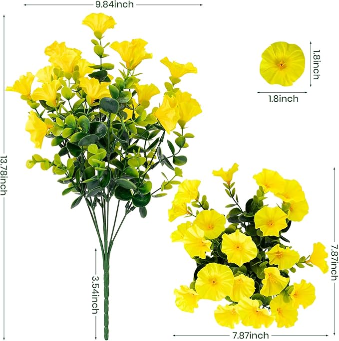 Artificial Faux Flowers for Outdoor 16 Bundles Boxwood Fake Morning Glory for Planter,UV Resistant Fake Flowers for Home Porch Patio Outside（Yellow）