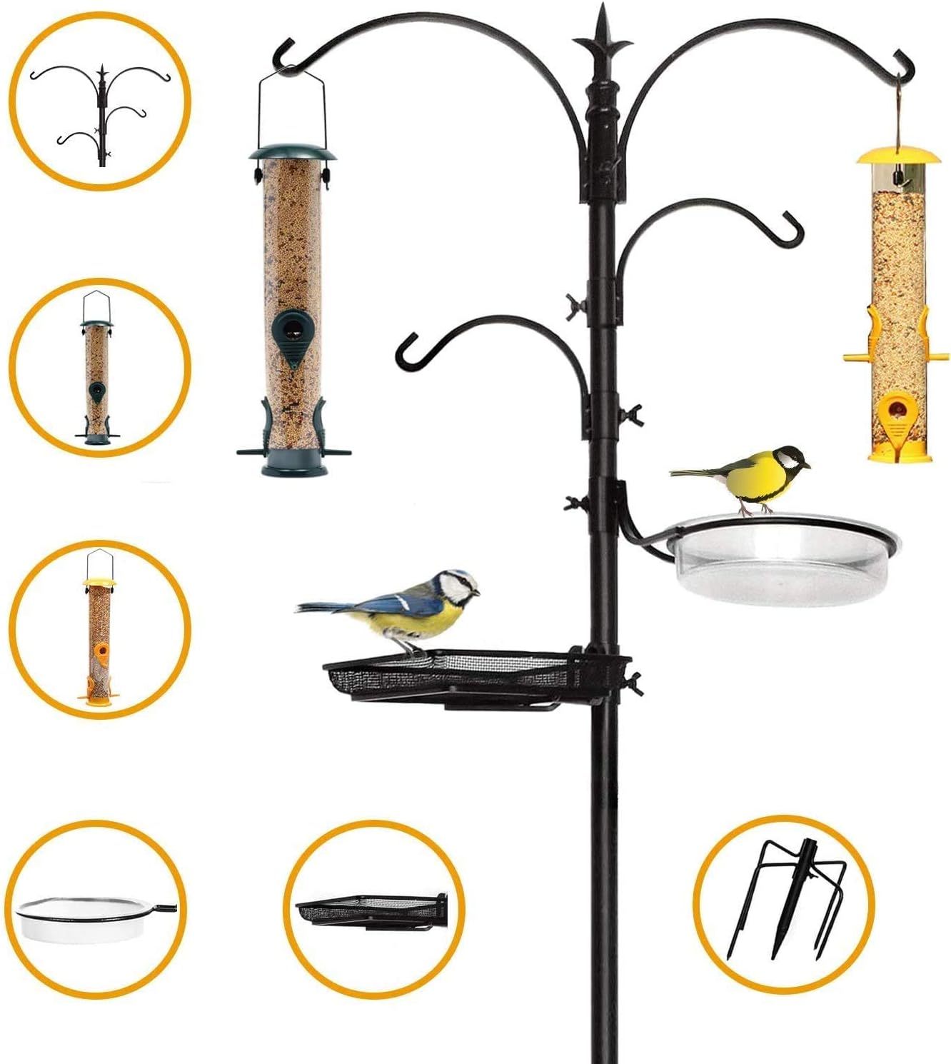 Premium Bird Feeding Station with 2 Bird Feeders Included for Outside - Multi Feeder Pole Stand Kit with 4 Hangers, Bird Bath and 5 Prong Base for Attracting Wild Birds - 22 Inch Wide x 91 Inch Tall