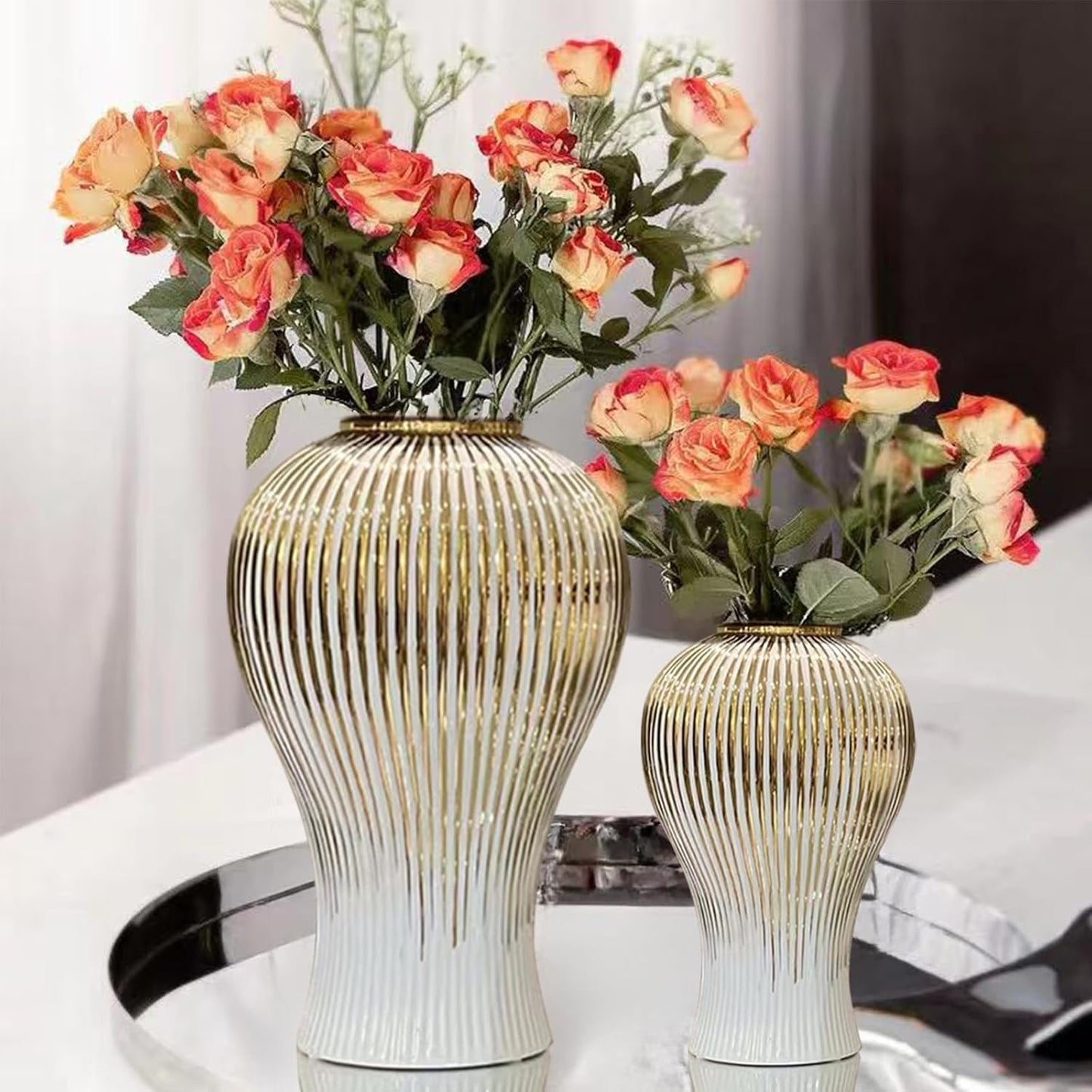 Ginger Jar, White Gold Ceramic Vase Large Handmade Porcelain Vases with Lid, White Gold Decorative Flower Vase for Home, Living Room, Weddings, Centerpieces (B-Medium)